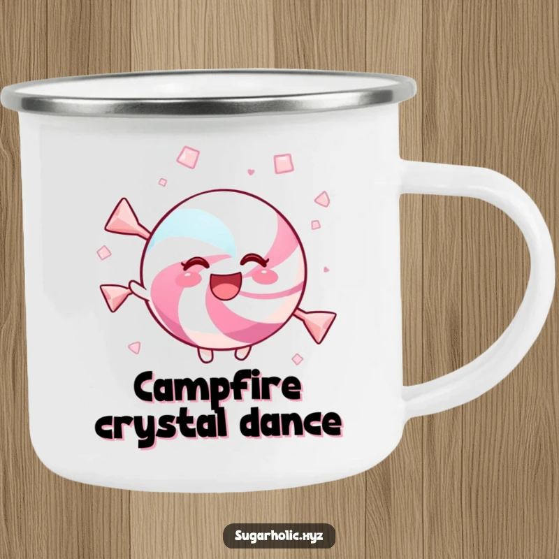 Funny camping mug with a candy twirling joyfully in sweet crystals, for sweet outdoor moments.