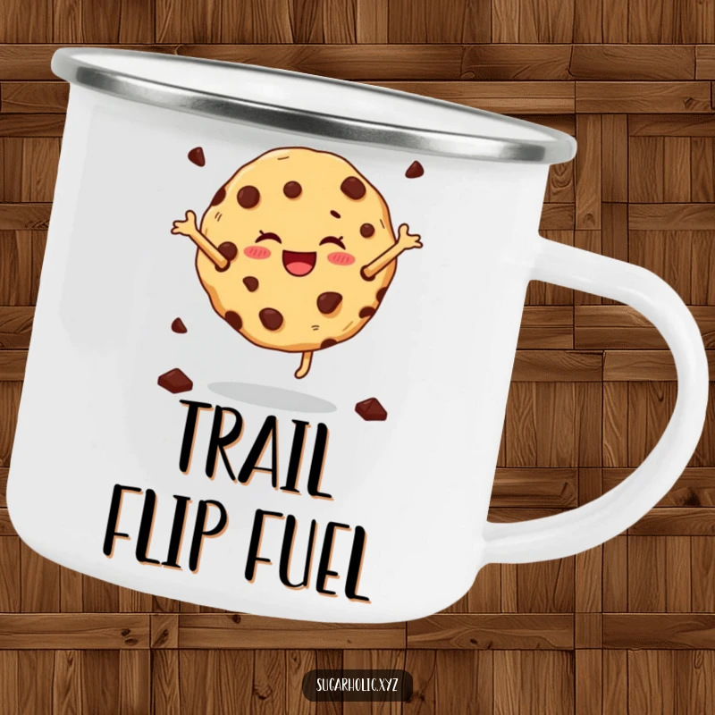 Funny cartwheeling cookie enamel camping mug with a joyful cookie performing a cartwheel, durable and full of fun.