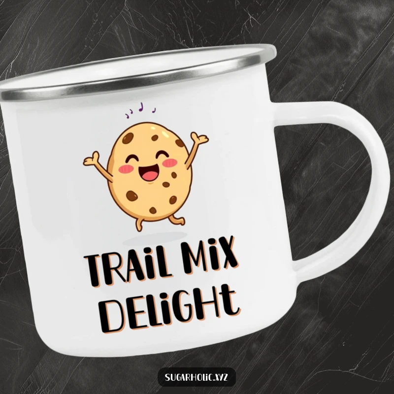 Funny camping mug with a happy cookie doing a delighted dance with a sugar sprinkle, cheerful camping gear.