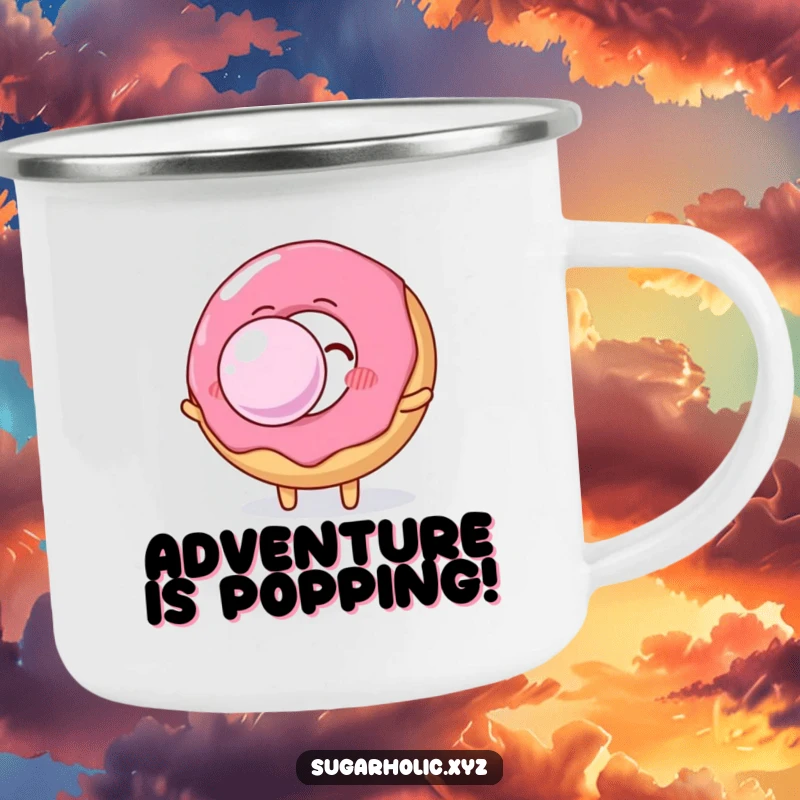 Durable funny donut character blowing a large, shiny bubble gum bubble, ready for outdoor adventures.