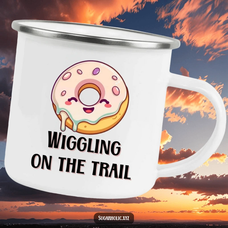 Funny Donut Camping Mug: A delighted donut with a glaze drip wiggles with glee, perfect for outdoor enjoyment with a sweet vibe.