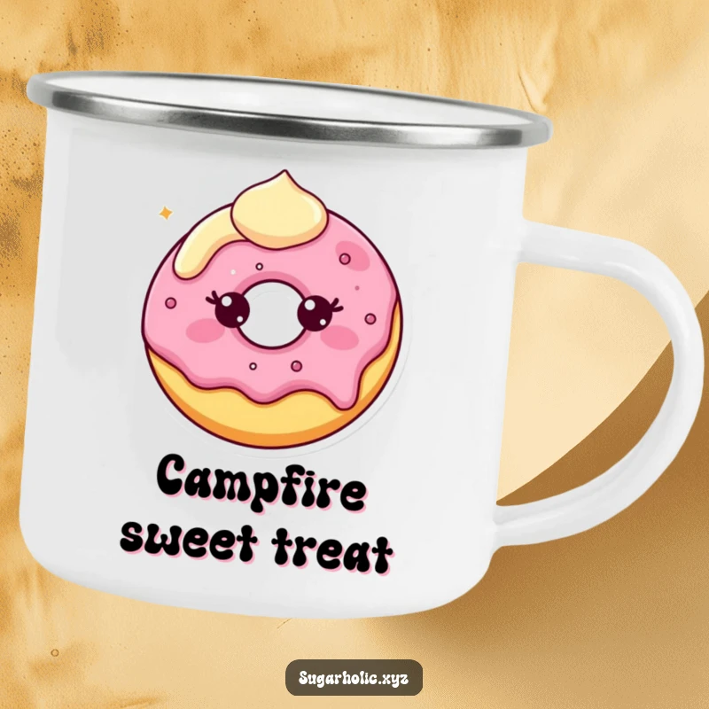 Funny Camping Mug showcasing a beaming donut character with slightly melting frosting, ready for sweet sips during outdoor escapades.