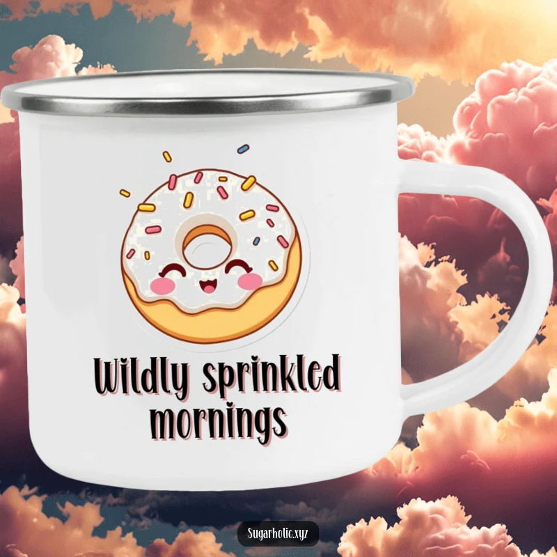 Funny camping mug with a surprised donut character winking playfully, showered in sprinkles, for rugged enjoyment.