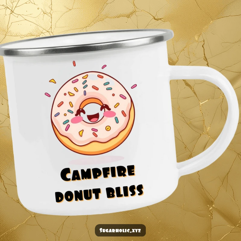 Funny doughnut camping mug with sprinkles, bouncing with pure sugary joy, durable for outdoors, cheerful design, funny gift.