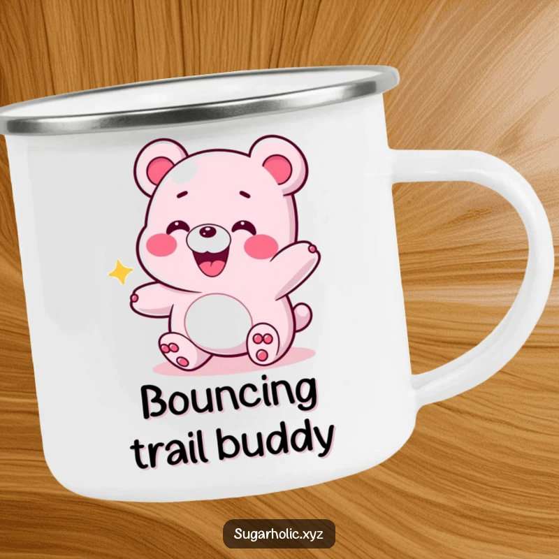 Funny camping mug showing a grinning gummy bear in an energetic bounce, perfect for outdoor enthusiasts who appreciate fun designs.