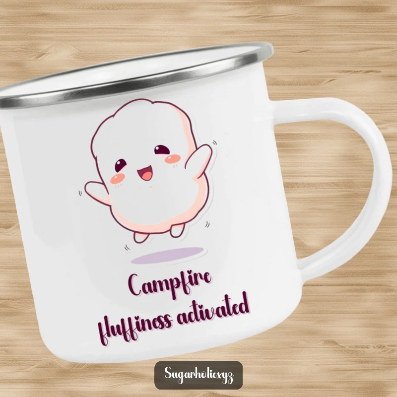 Funny Camping Mug: Durable mug with a fluffy marshmallow character bouncing enthusiastically, for outdoor lovers.