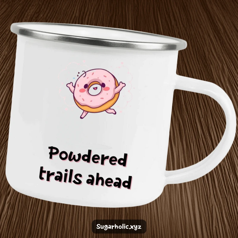 Funny donut camping mug featuring a giggling donut leaping into a powdered sugar cloud, perfect for enjoying drinks outdoors with humor.