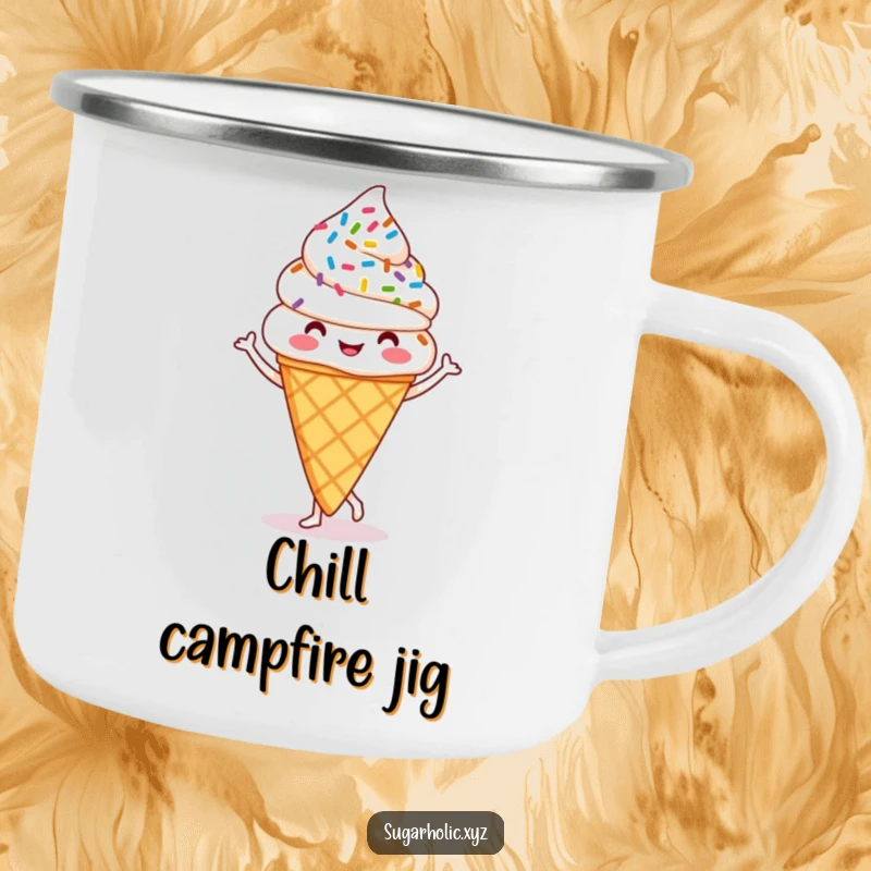 Funny ice cream cone enamel camping mug with a happy, jigging cone and sprinkles, built for adventure and smiles.