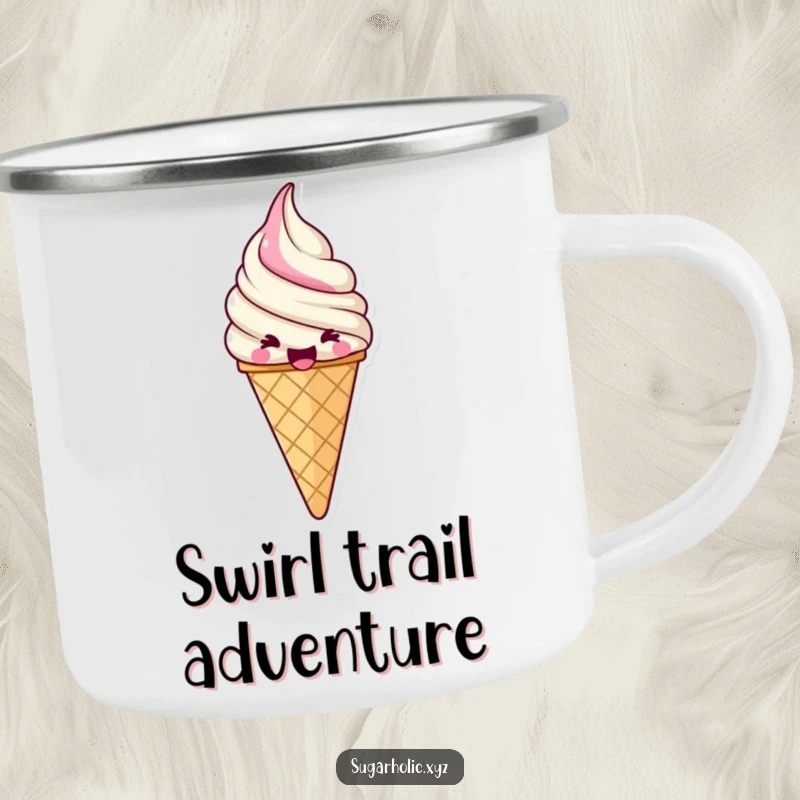Funny jubilant ice cream cone camping mug with a swirl of excitement, durable and fun for outdoor enthusiasts.