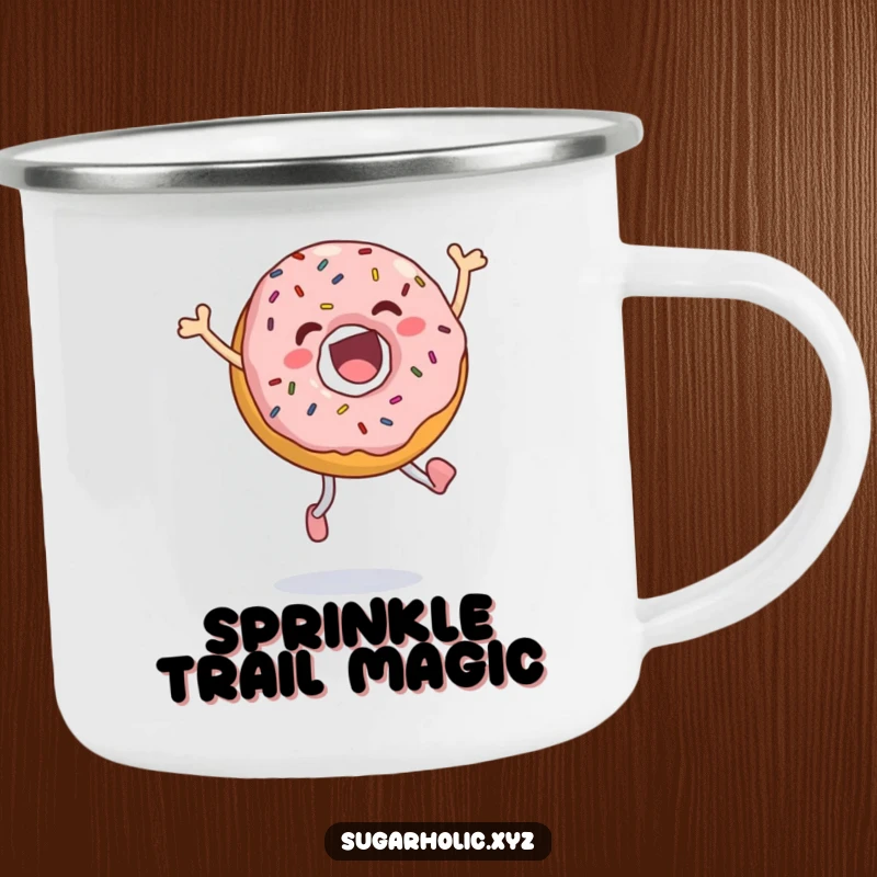 Funny jumping donut camping mug with sprinkles, joyfully leaping with ecstasy, durable and fun for outdoor enthusiasts.