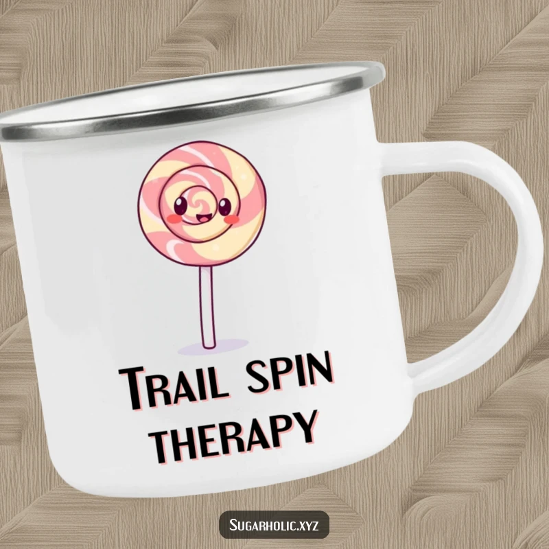 Funny giggling lollipop with a swirl pattern doing a cartwheel on a camping mug, ideal for humorous outdoor beverage enjoyment.