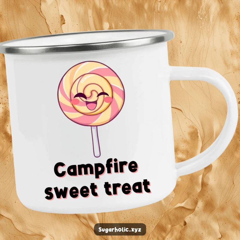 Funny camping mug featuring a beaming lollipop character giving a confident wink, perfect for enjoying sweet drinks on any adventure.