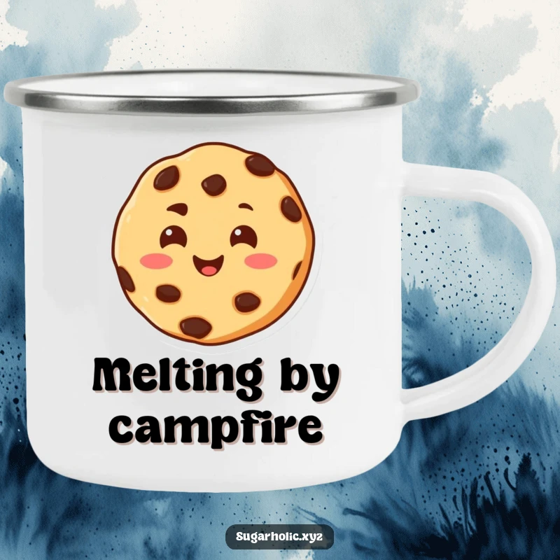 Funny camping mug featuring a cheerful chocolate chip cookie character, smiling warmly and melting with happiness.