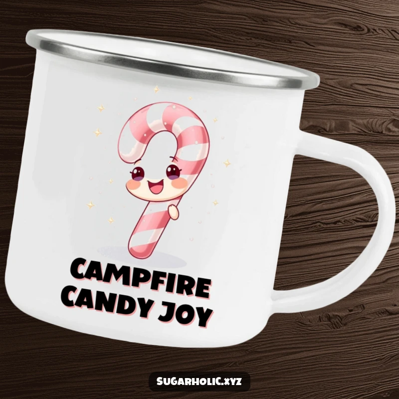 Funny camping mug with a cheerful candy cane showering itself with sparkling sugar, festive outdoor gear.