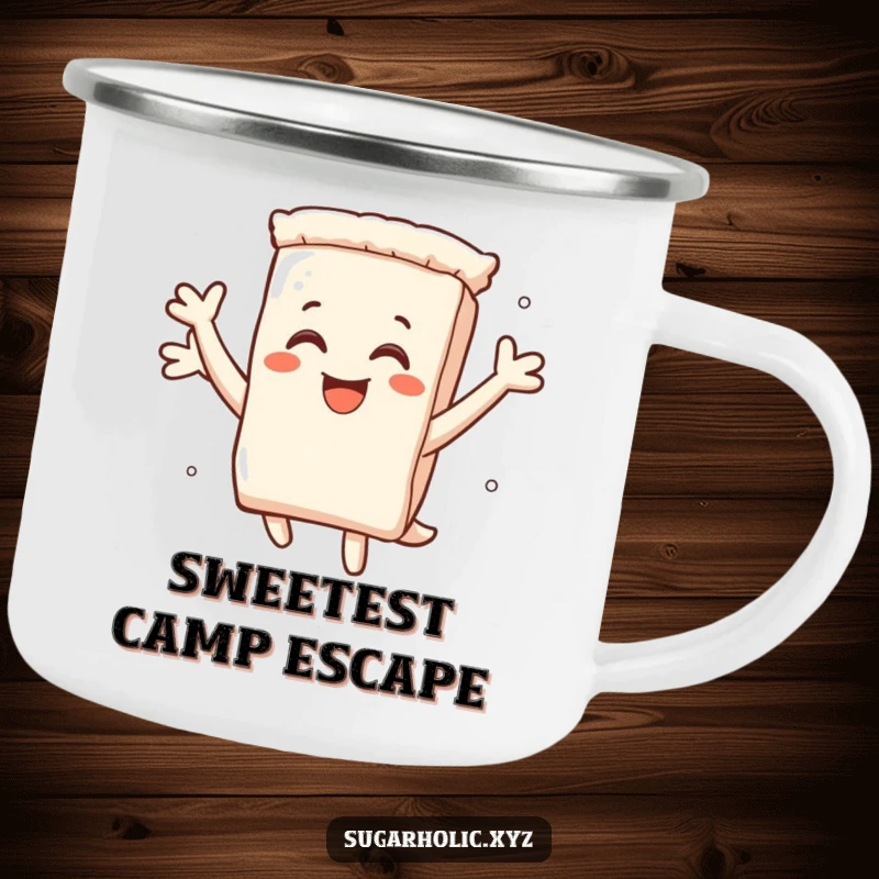 Funny camping mug featuring a smiling sugar packet character leaping with pure delight, perfect for outdoor energy.