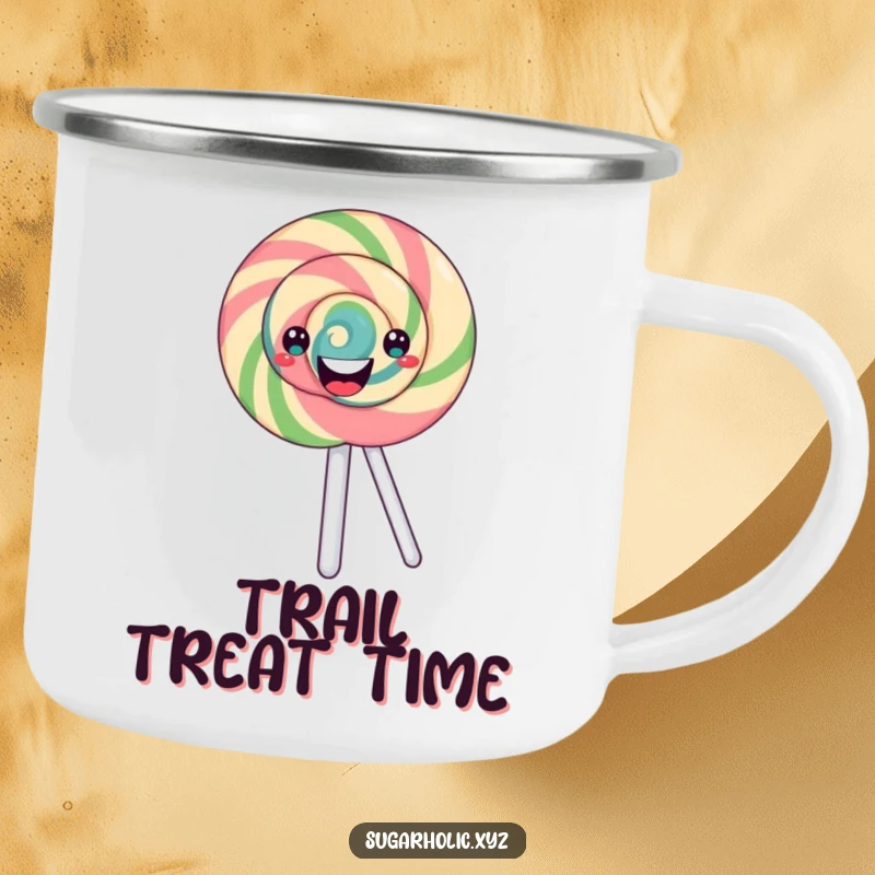Funny Camping Mug: A happy lollipop with a swirling pattern spinning, perfect for sweet sips during outdoor adventures.