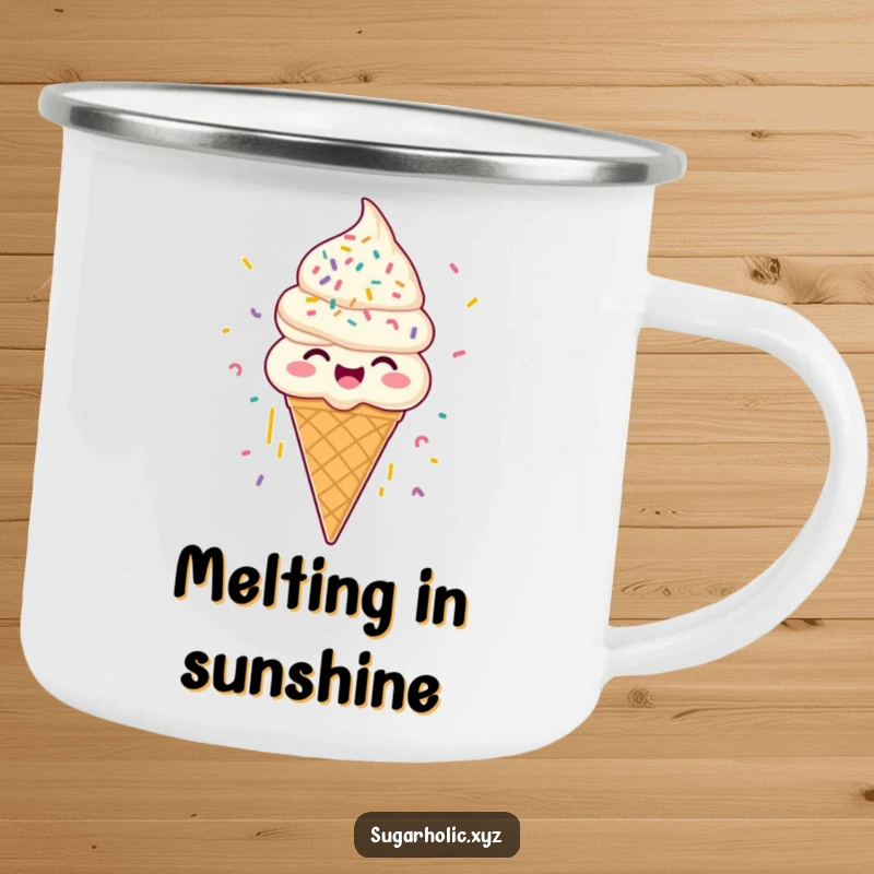 Funny joyous ice cream cone camping mug, with sprinkles raining down, perfect for humorous outdoor beverages and gifts.