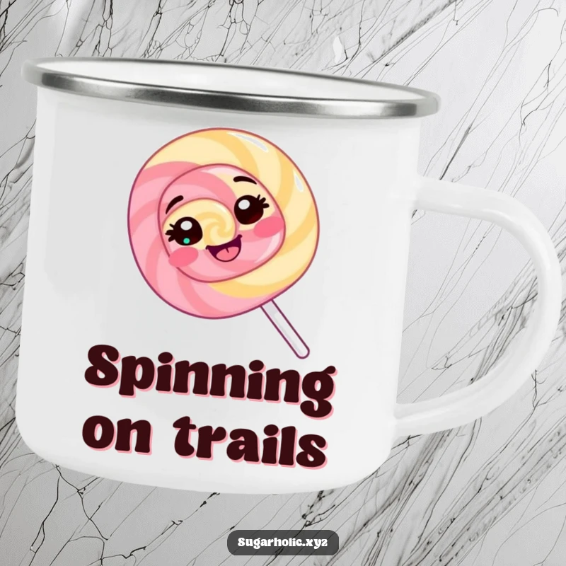 Funny Lollipop Camping Mug: A giggling lollipop spins joyfully, perfect for outdoor enjoyment with a sweet, humorous vibe.