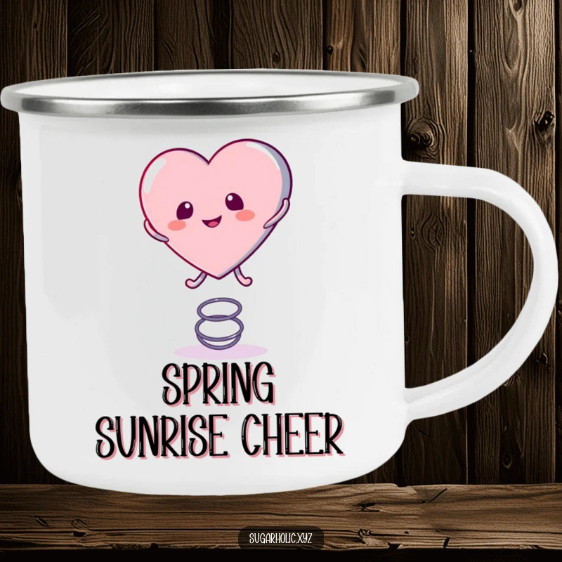 Funny Camping Mug showcasing a candy heart character playfully bouncing on a spring, ready for cheerful sips during outdoor escapades.