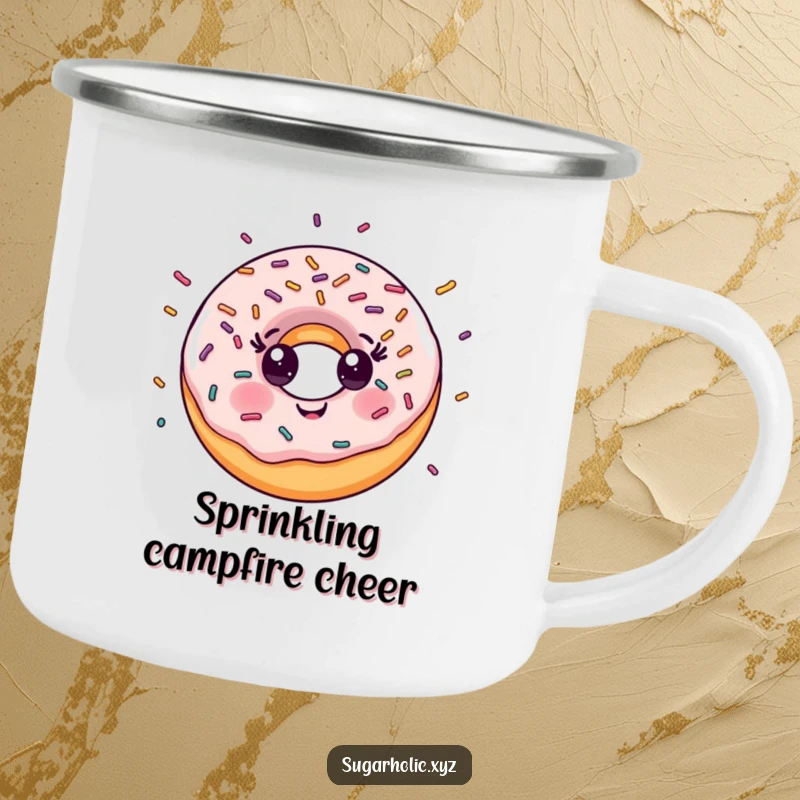 Funny Camping Mug: Smiling donut character with a joyous explosion of sprinkles, perfect for enjoying treats outdoors.