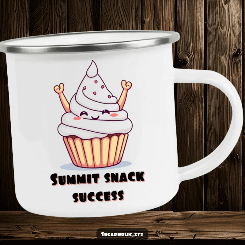 Funny camping mug with a triumphant cupcake offering a sugary mountain, for celebrating sweet achievements.