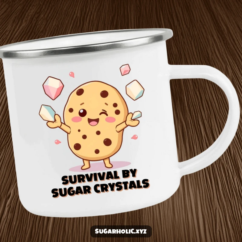 Funny camping mug featuring a joyful cookie character juggling sugar crystals, designed for outdoor fun and humor.