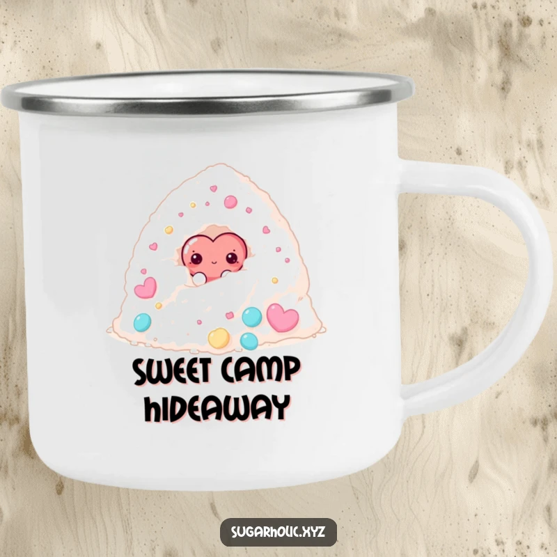 Funny camping mug with a shy candy heart character peeking from behind a large sugar pile, designed for sweet outdoor enjoyment.