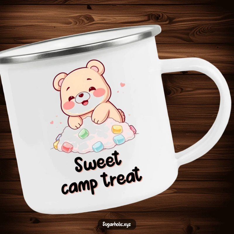 Funny camping mug with a blushing gummy bear happily diving into a pile of sugar, sweet outdoor gear.