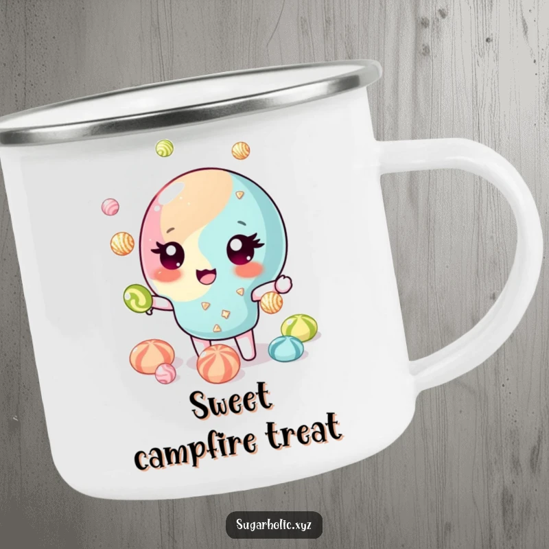 Funny Camping Mug: Winking candy piece juggling glittering candies, ready for adventure. Perfect funny gift.