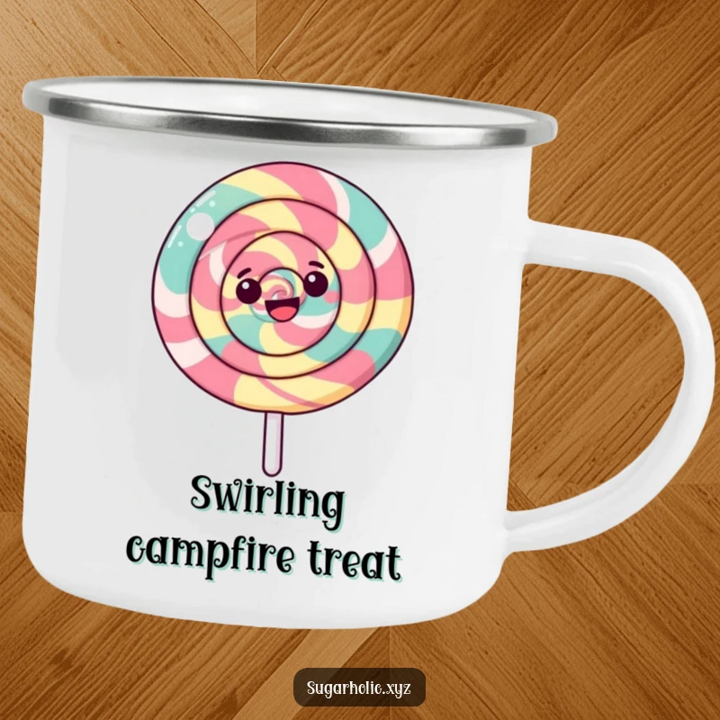 Funny camping mug showing a happy, swirled lollipop spinning, perfect for outdoor enthusiasts who appreciate sweet designs.