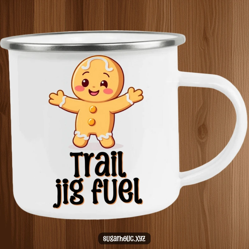 Funny camping mug with a smiling gingerbread cookie joyfully doing a jig.