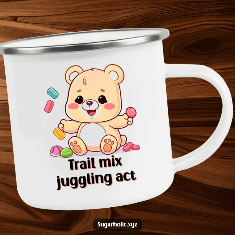 Funny Gummy Bear Camping Mug: A gummy bear with a sticky smile juggles candies, ready for any outdoor adventure with a laugh.