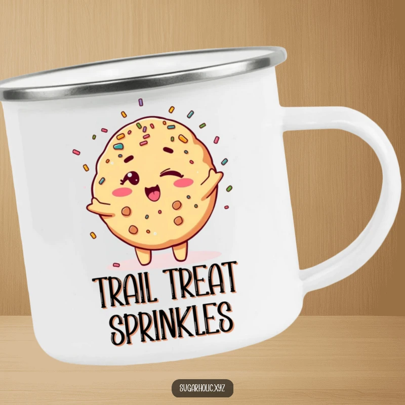 Funny winking cookie character showering sprinkles on a sturdy camping mug, perfect for outdoor use.