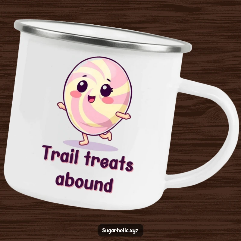 Funny Gumdrop Character Camping Mug: A sturdy enamel mug featuring a shiny gumdrop character hopping with glee.