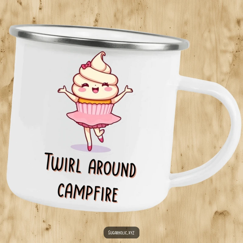 Funny camping mug featuring a delighted cupcake character in a graceful ballet twirl, perfect for enjoying sweet drinks on any adventure.
