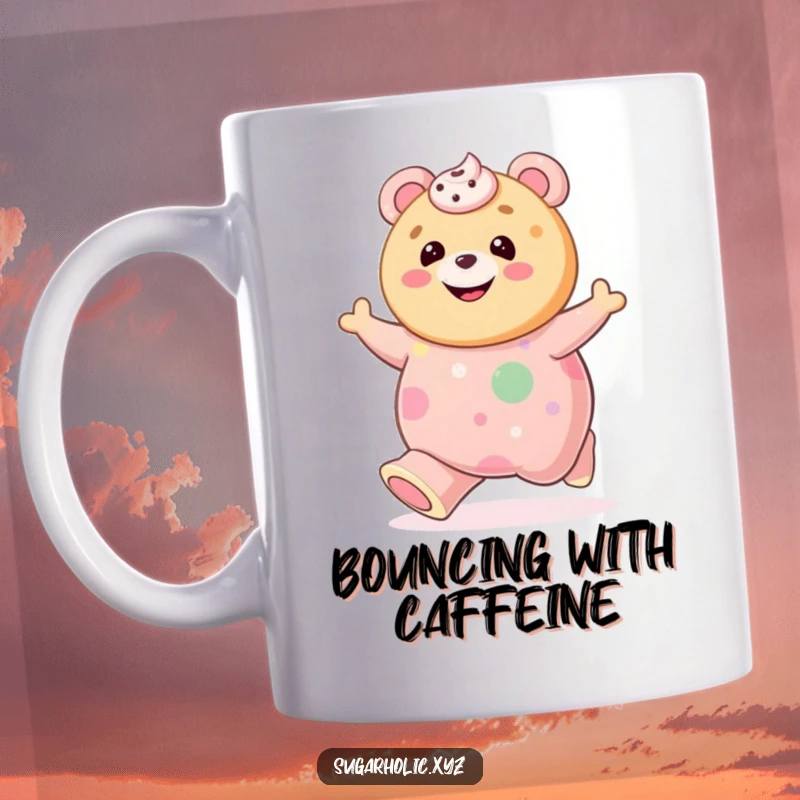 Funny cookie with a frosting smile gleefully bouncing on a giant gummy bear, depicted on a mug for cheerful sipping.