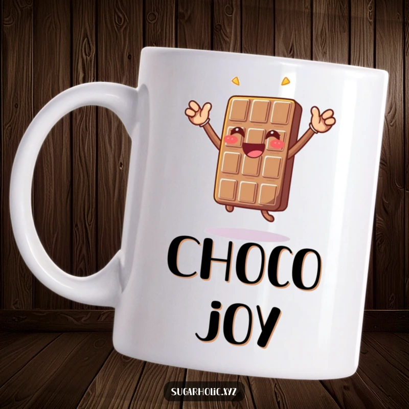 Funny, happy chocolate bar character leaping in a celebratory jump, depicted on a humorous coffee mug.