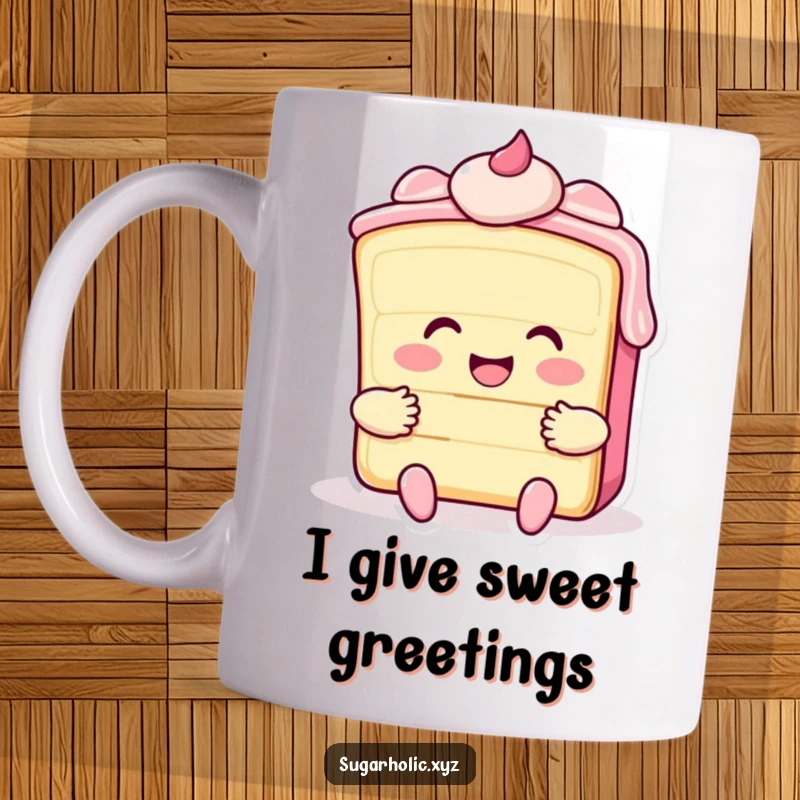 Funny cake slice mug with frosting giving a warm, friendly hug, perfect for dessert lovers seeking a smile.