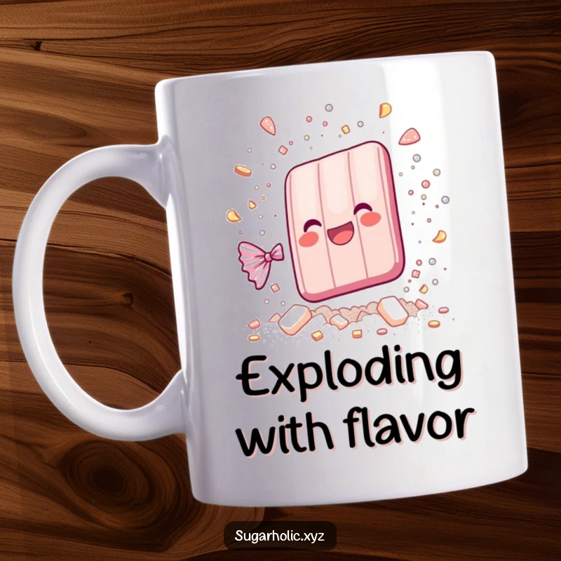 Funny whimsical candy bar shattering into sparkling sugar particles with pure joy, depicted on a mug for a delightful sip.