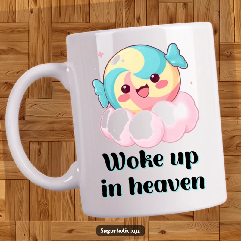 Funny delighted candy mug, floating on a sugar cloud, perfect for humorous sweet drink enjoyment and as a gift.