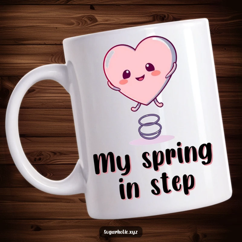 Funny Mug showing a cute candy heart character playfully bouncing on a spring, radiating pure, energetic happiness.