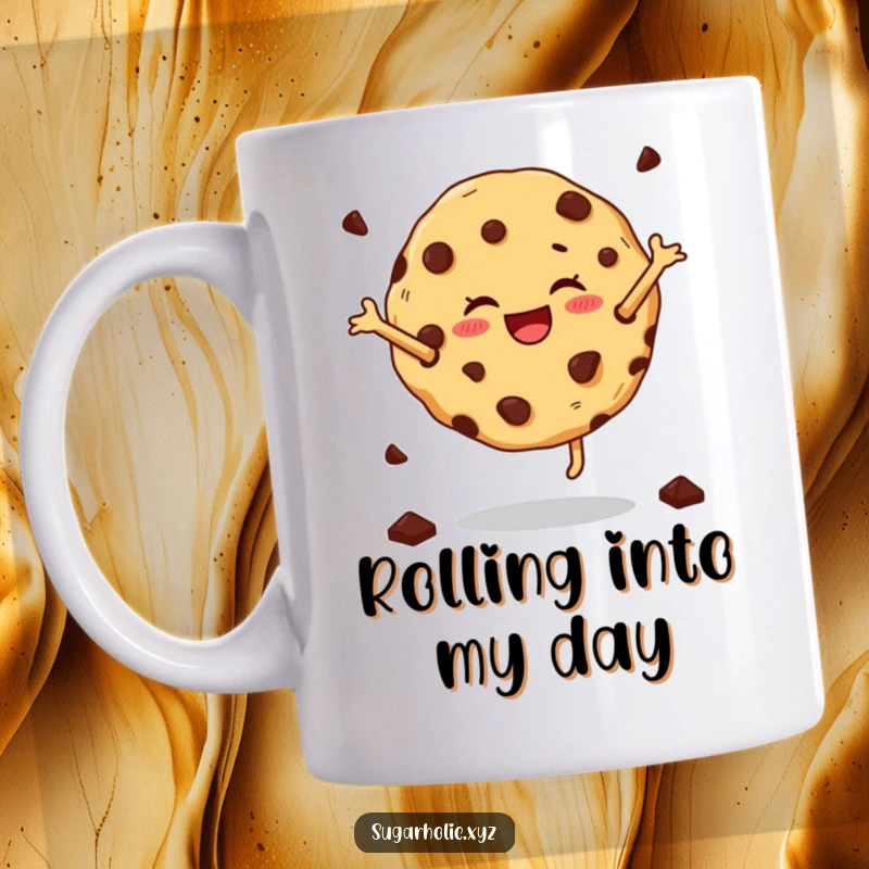 Funny cartwheeling cookie mug with chocolate chips, showing a joyful cookie performing a perfect cartwheel, full of fun.