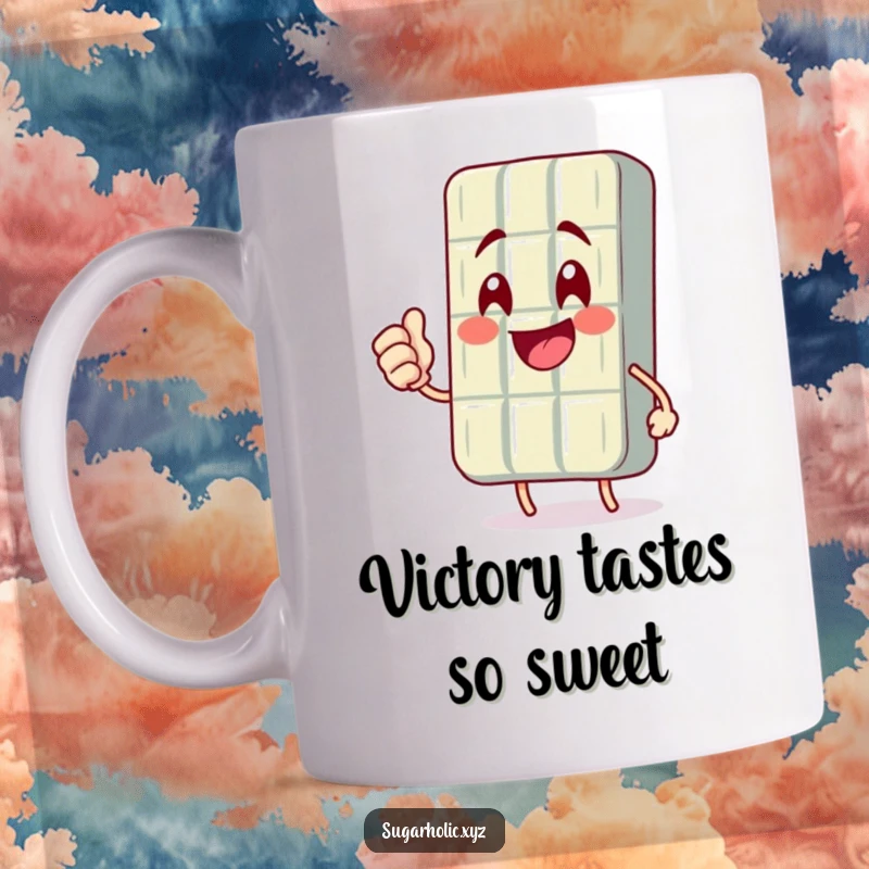 Funny mug showcasing a smiling chocolate bar character triumphantly executing a celebratory fist pump, exuding pure joy.