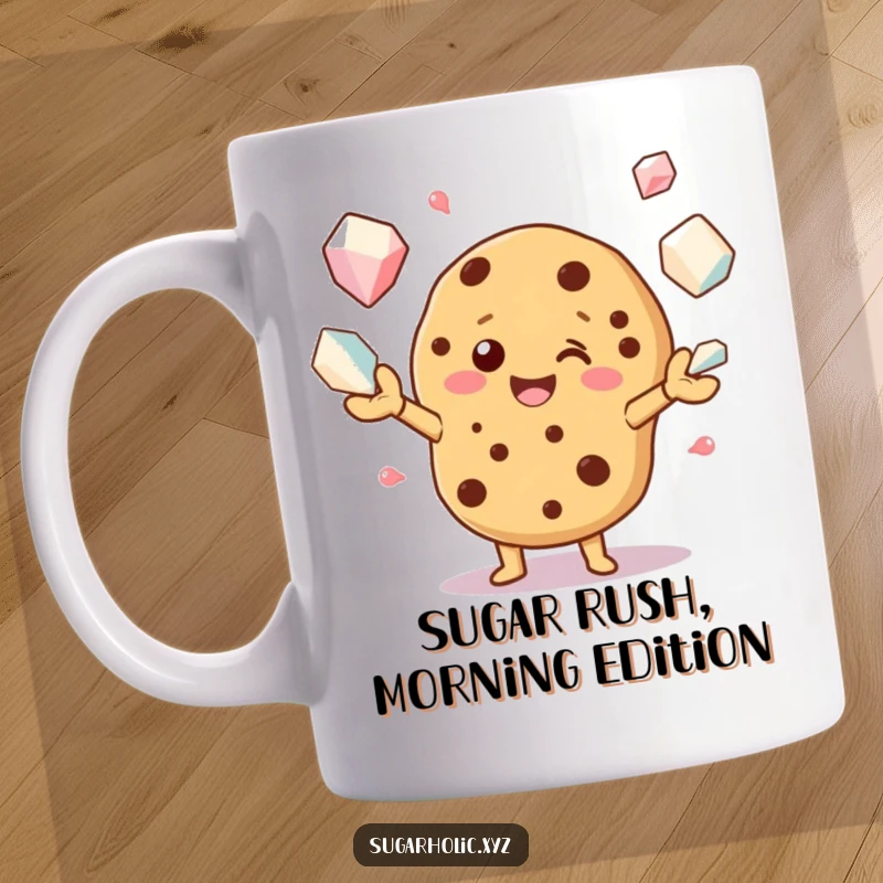 Funny mug featuring a beaming cookie character energetically juggling giant sugar crystals, radiating pure joy and edible fun.