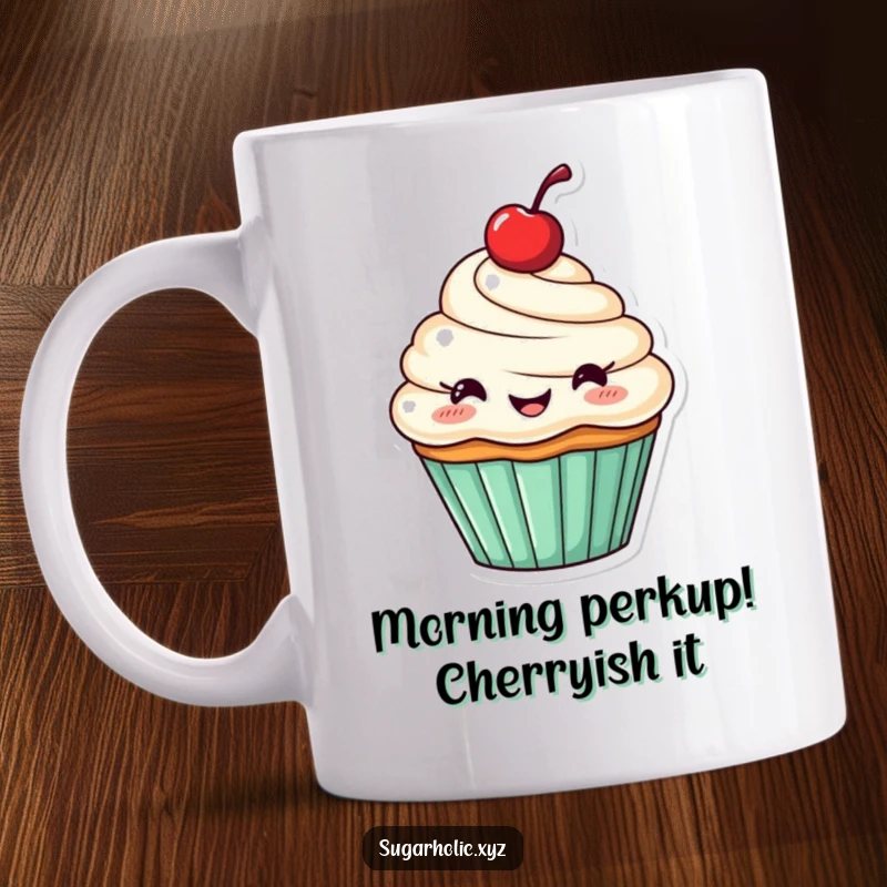 Funny mug featuring a cheerful cupcake with a cherry on top, joyfully cheering.