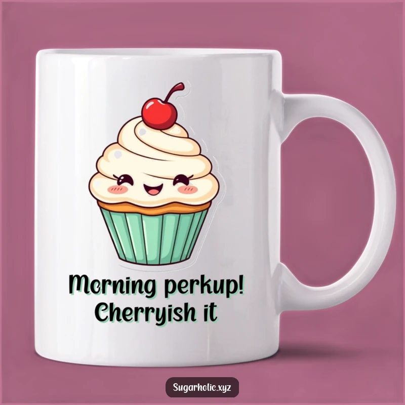 Funny Cupcake Mug: Cheerful Cherry Character's Happy Brew