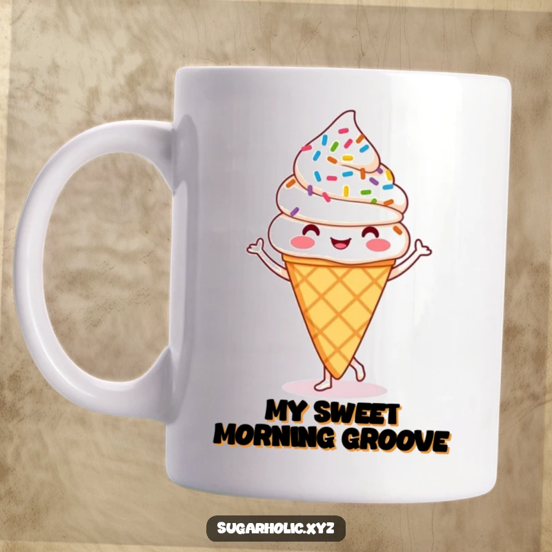 Funny ice cream cone mug with colorful sprinkles doing a happy jig, spreading pure joy and laughter with every use.