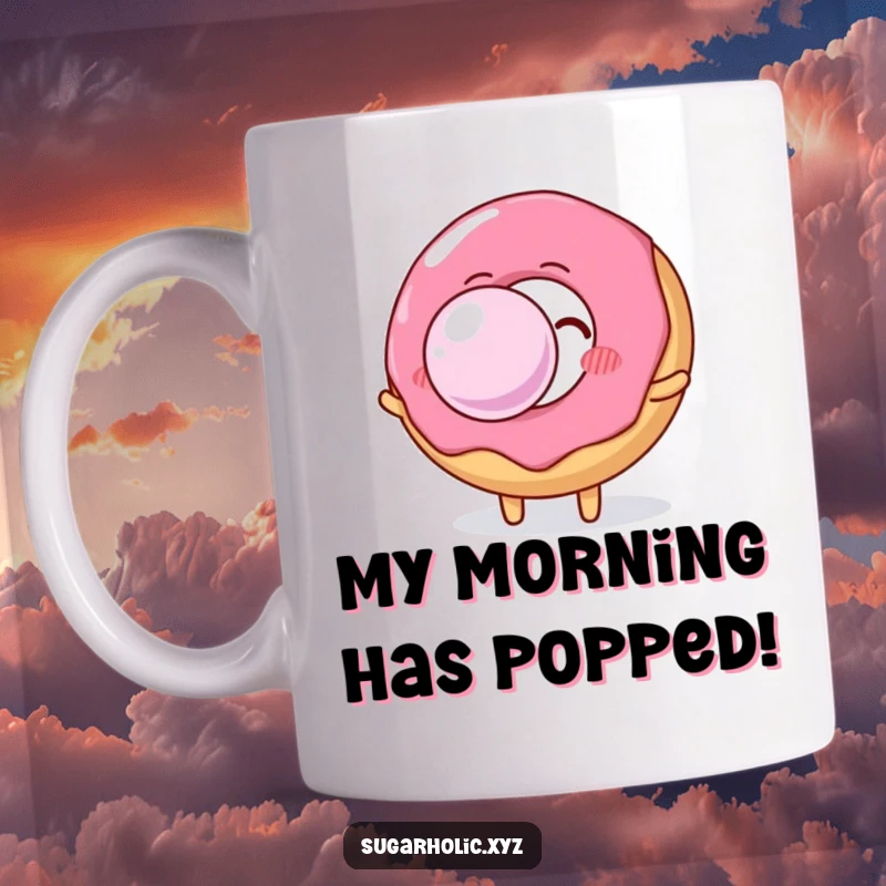 Funny donut character, mid-action, enthusiastically blowing a huge, shimmering bubble gum bubble, bringing joy and laughter.