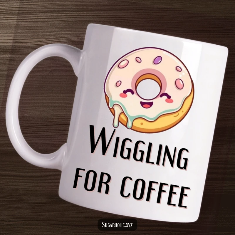 Funny Donut Mug: A delighted donut with a glaze drip wiggles with glee, bringing cheerful humor to your coffee cup.