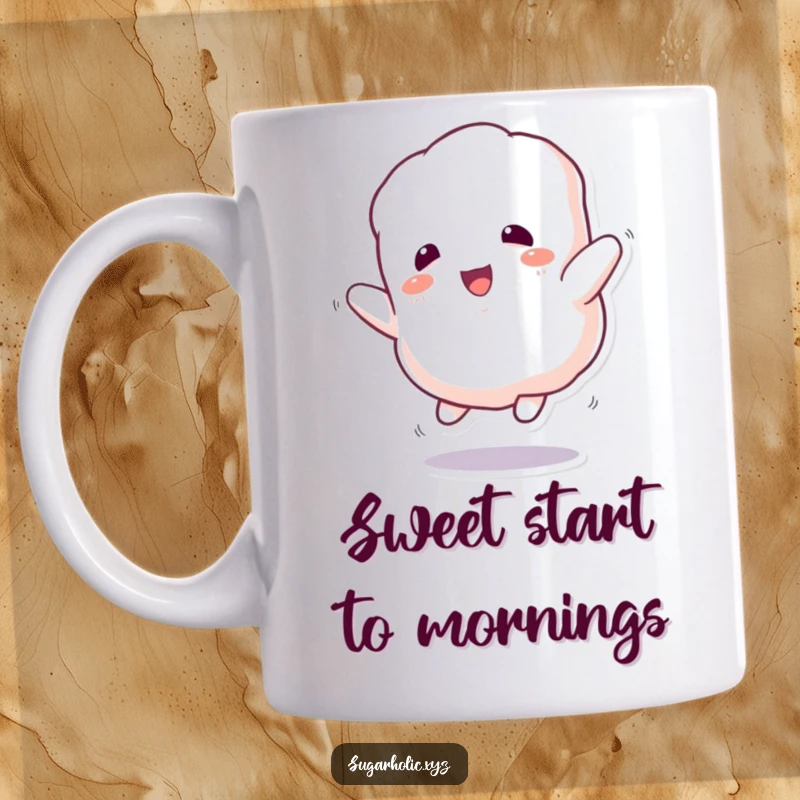 Funny Mug: A very fluffy marshmallow character bounces with pure enthusiasm, radiating sweetness and joy.